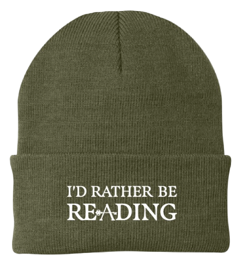 Green beanie with 'I'd Rather Be Reading' text on a white background