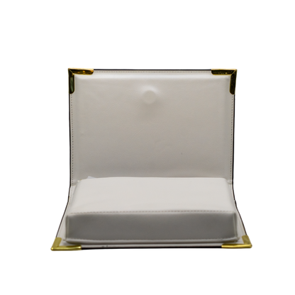 Clear plastic bag with gold trim on a white background