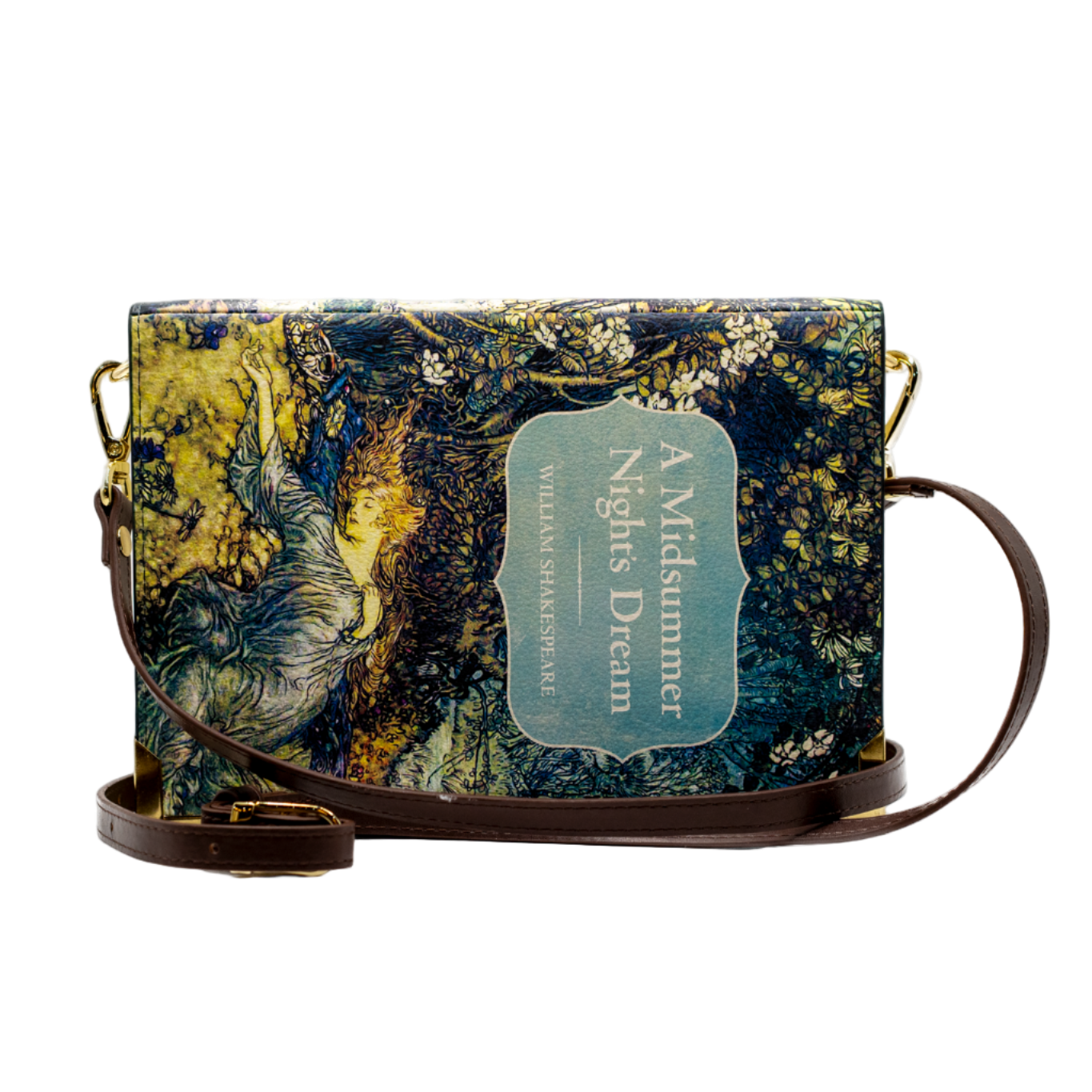 Handbag with 'A Midsummer Night's Dream' design on a white background