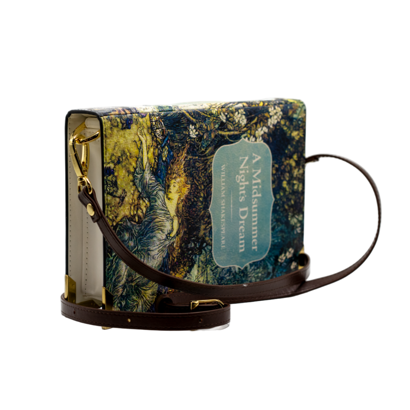 Handbag with floral pattern and visible brand name on a white background