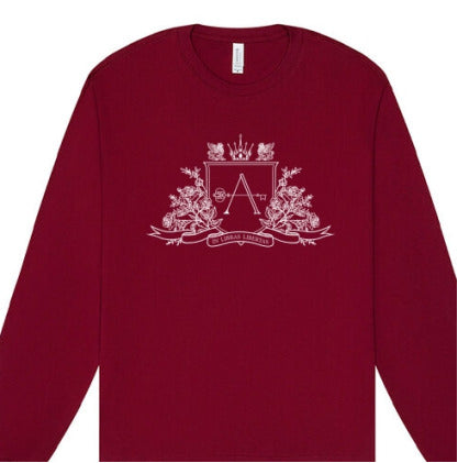 Archive Exclusive Heavyweight Long-Sleeve Tee (maroon) with white emblem design on a white background