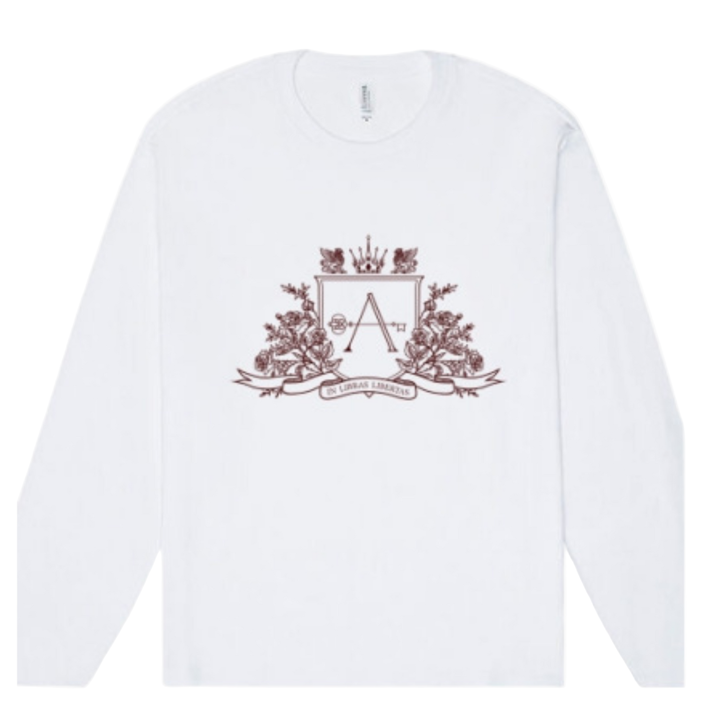 White sweatshirt with a decorative emblem featuring a letter 'A' on a white background
