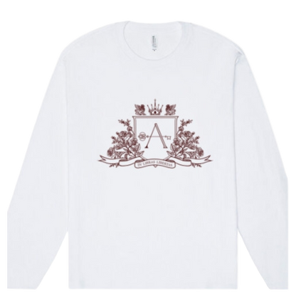 White sweatshirt with a decorative emblem featuring a letter 'A' on a white background