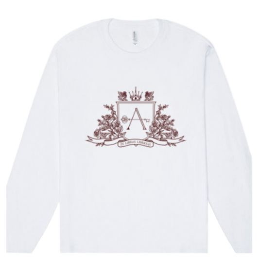 White sweatshirt with a decorative emblem featuring a letter 'A' on a white background