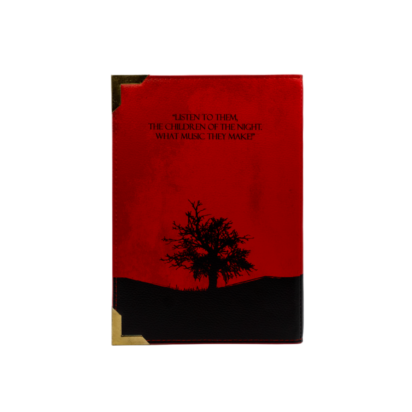 Book with red cover and black tree silhouette on a white background