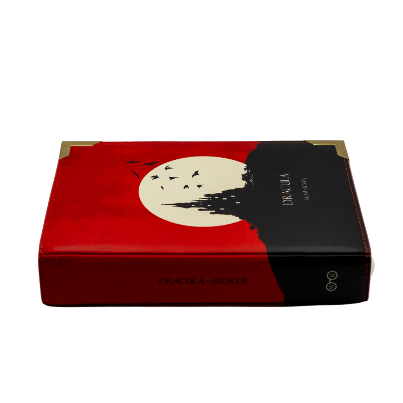 Red and black box with a moon and tree design on a white background