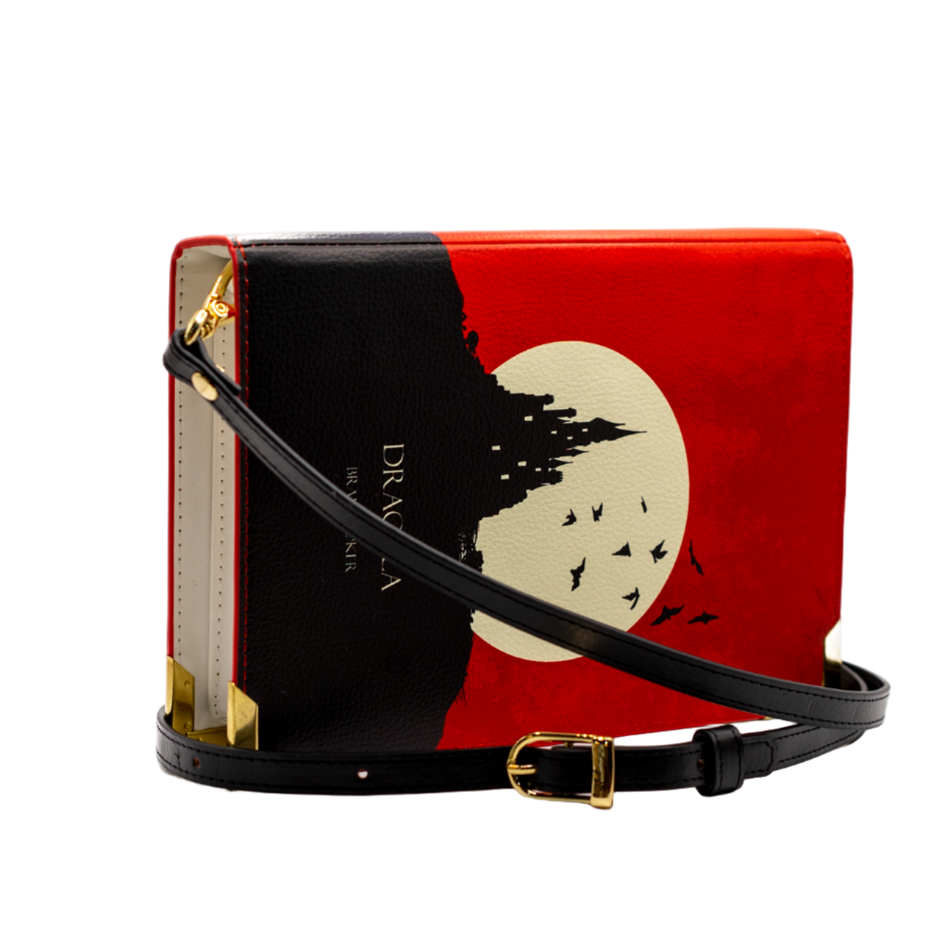 Book-shaped handbag with red cover and black silhouette design on a white background