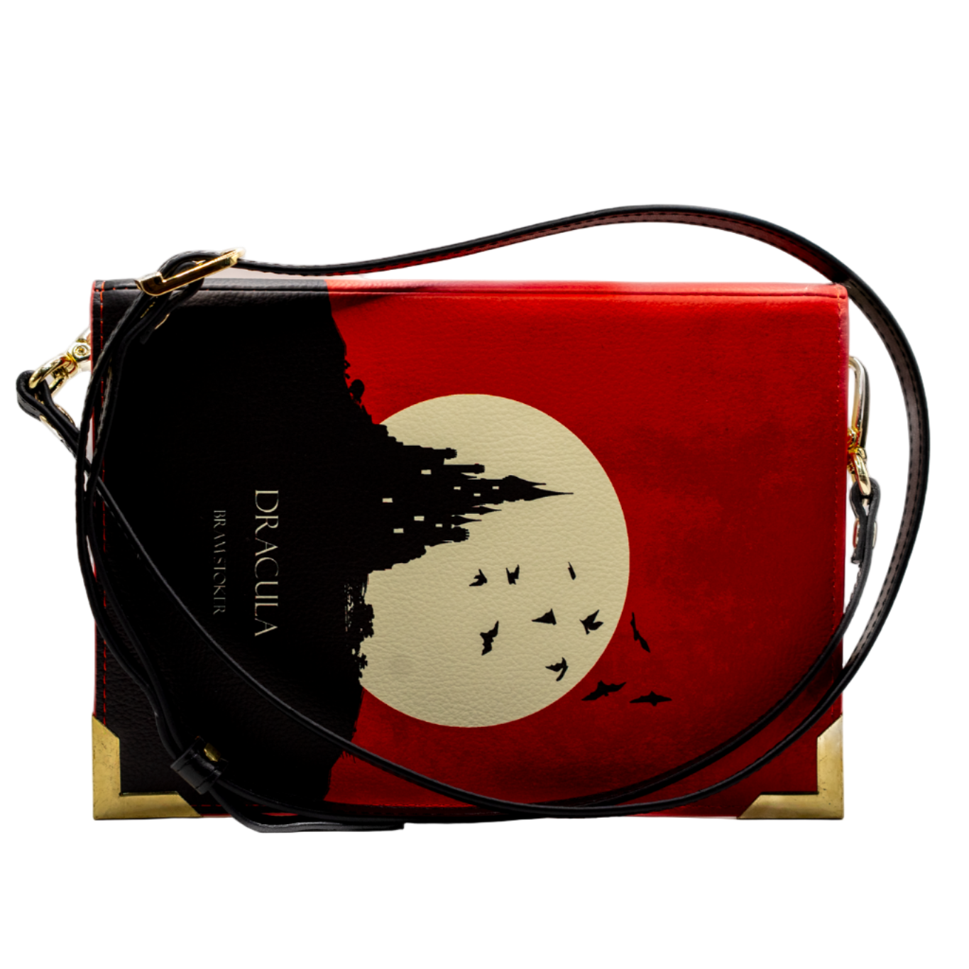 Red handbag with black strap and tree design on a white background