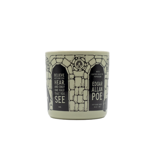 Candle with 'Edgar Allan Poe' text on a white background