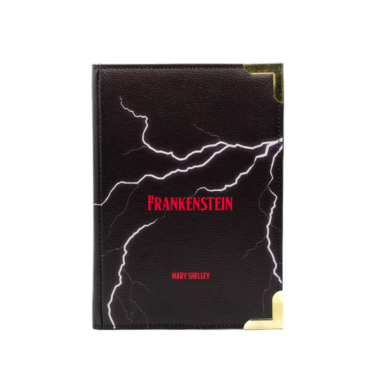 Book cover of 'Frankenstein' with lightning design on a white background