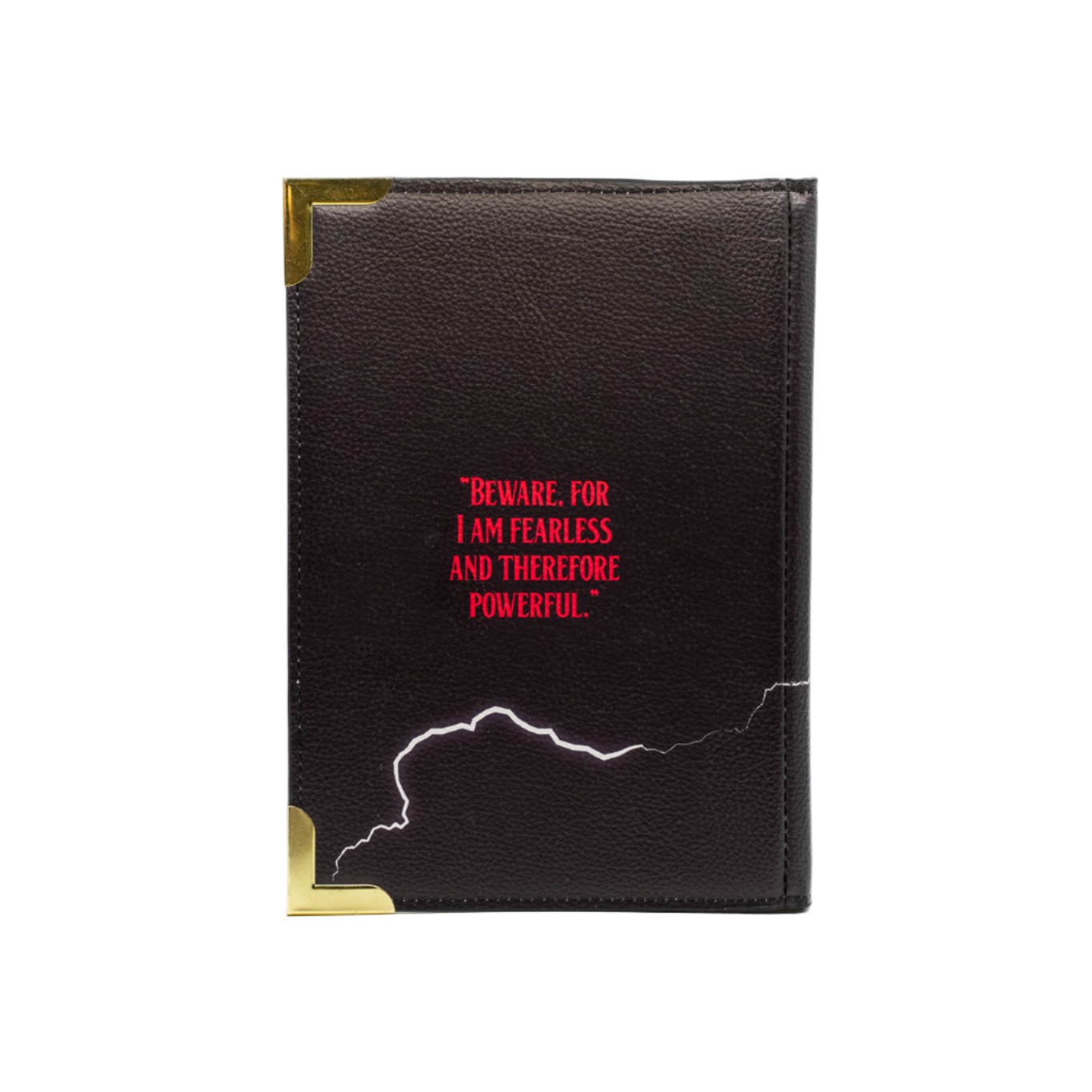 Black leather notebook with red text and gold accents on a white background