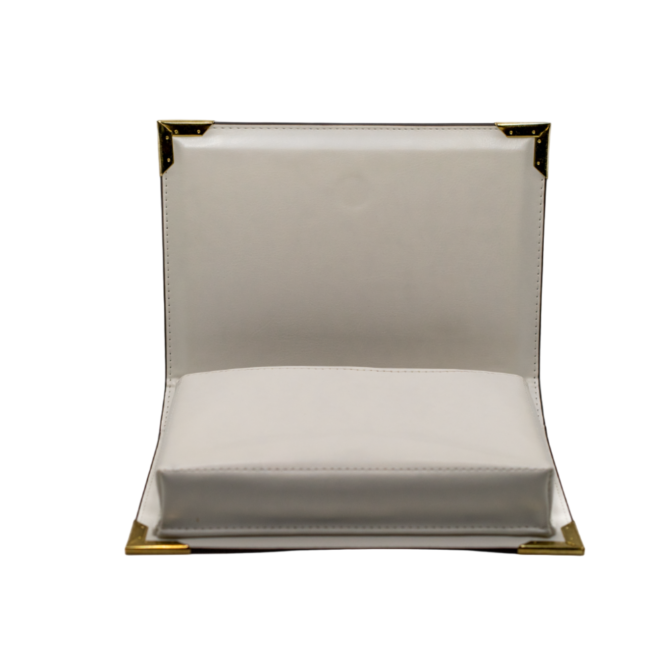 Rectangular white handbag with gold trim on a white background