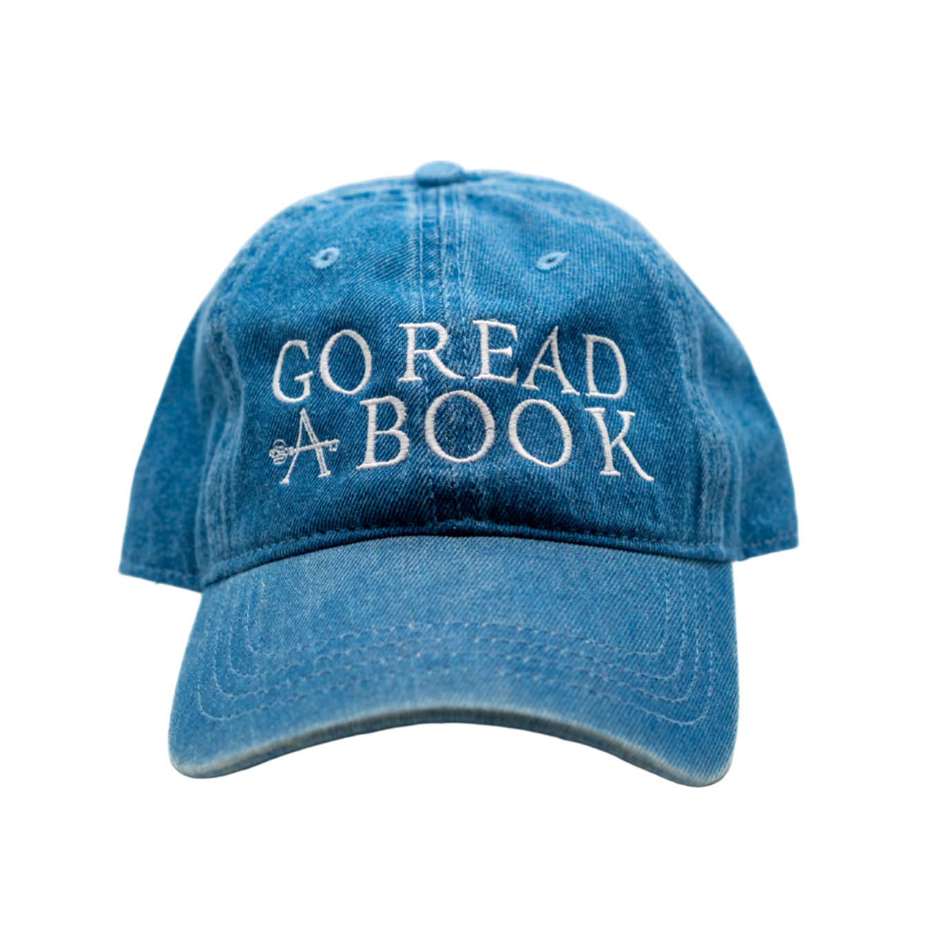 Blue denim cap with 'GO READ A BOOK' text on a white background