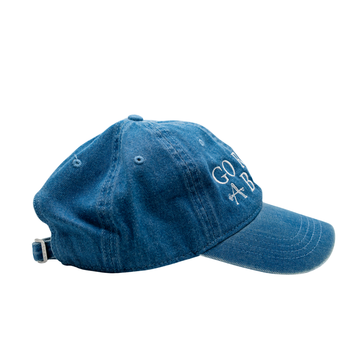 Blue denim cap with 'Go Abroad' text on a white background