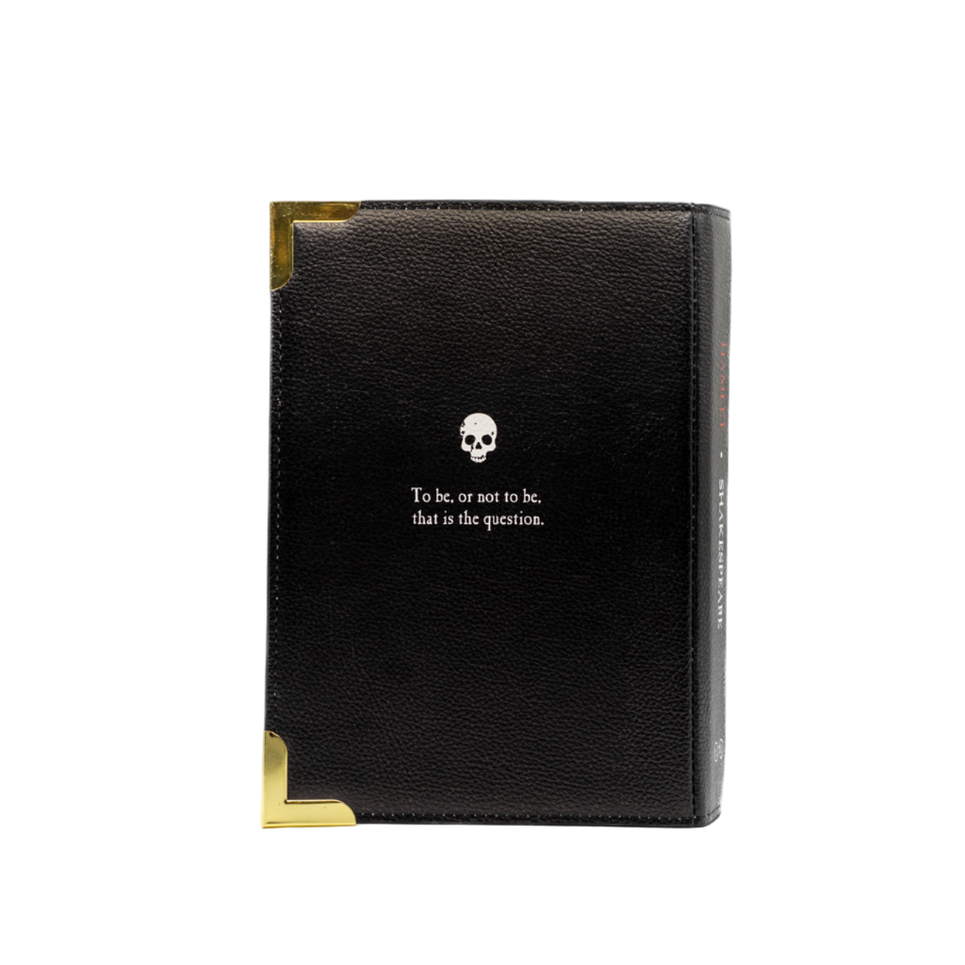 Black handbag with a skull design and text on a white background