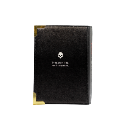 Black handbag with a skull design and text on a white background