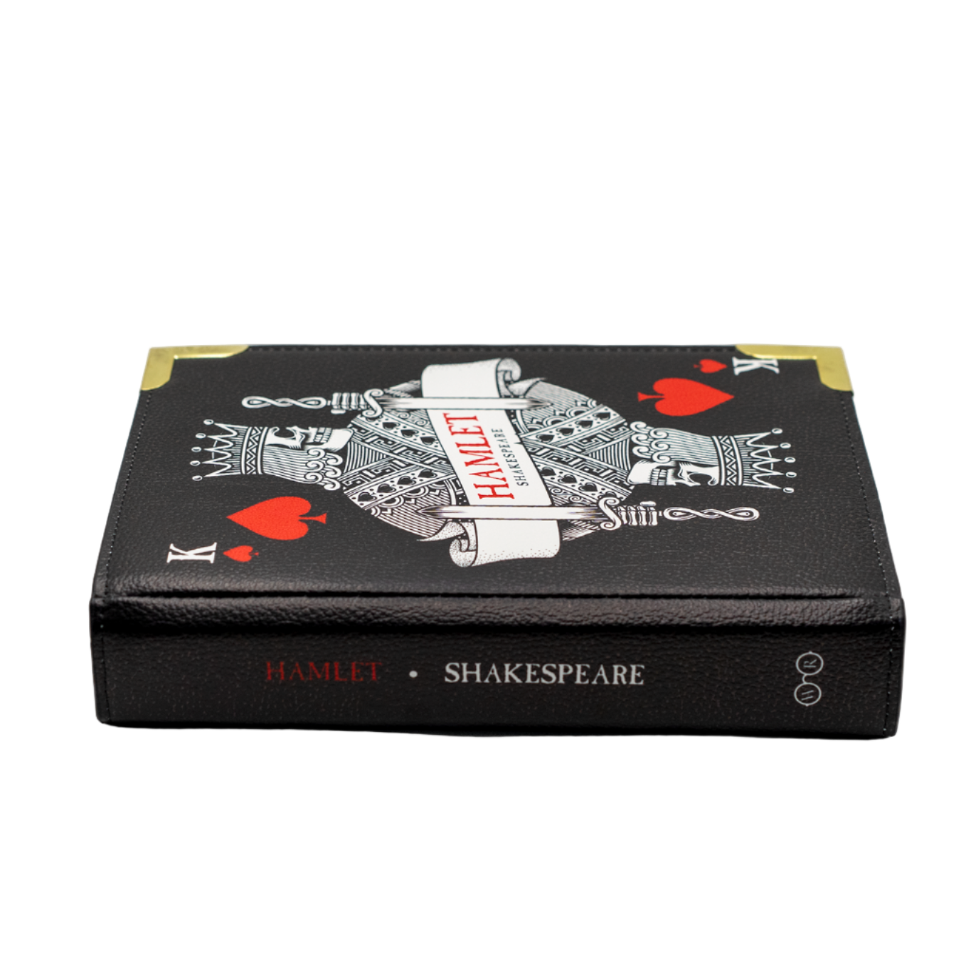 Book-shaped handbag with 'Hamlet' by Shakespeare design on a white background