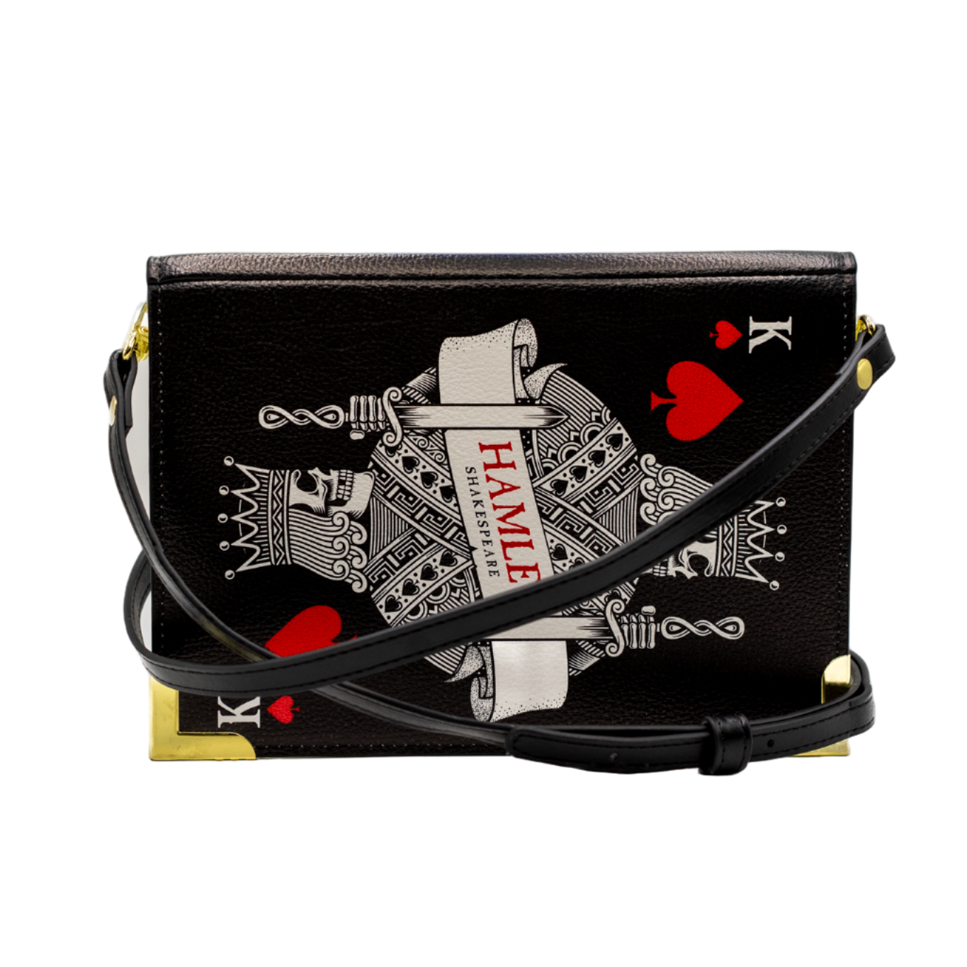 Black handbag with playing card design on a white background