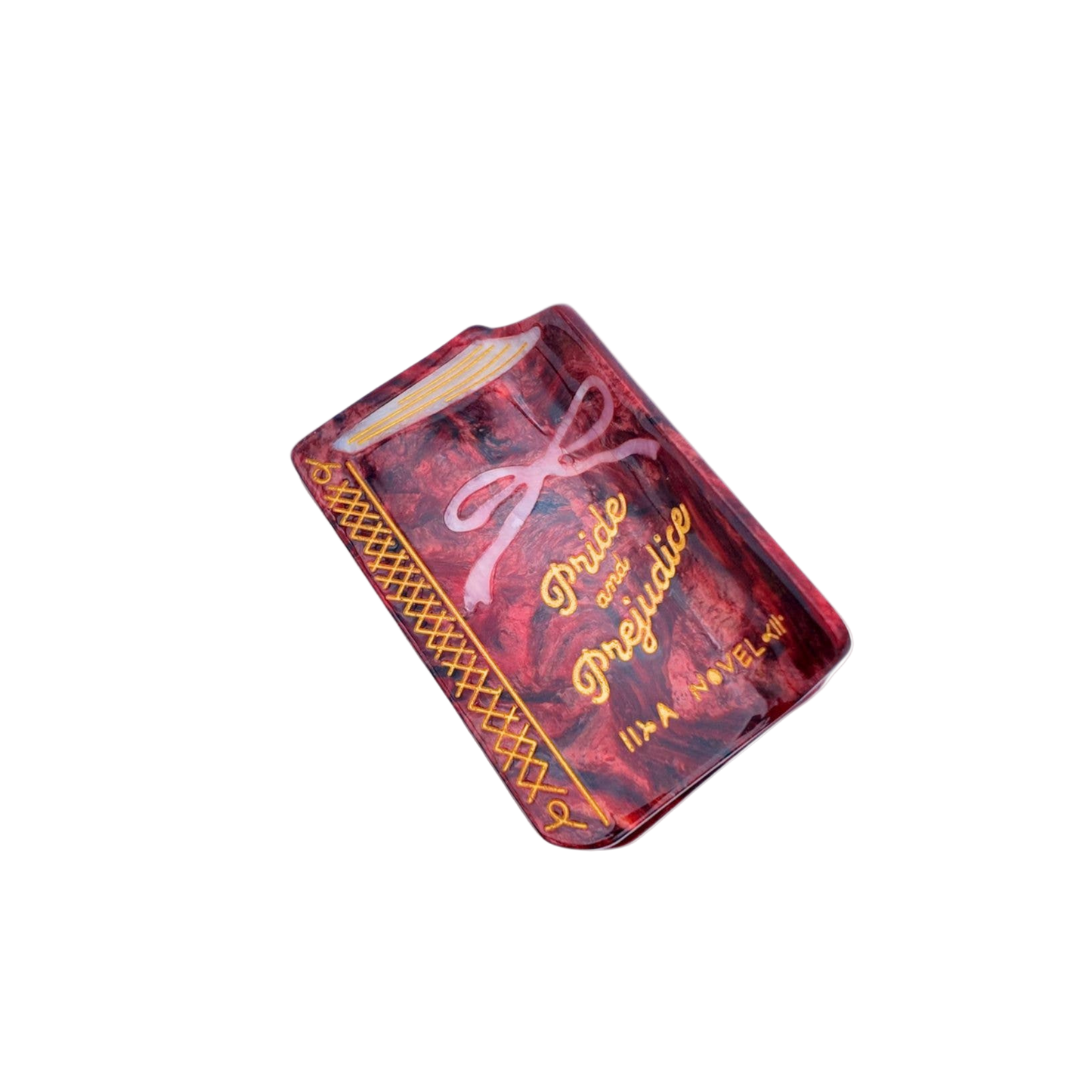 Red book-shaped container with 'Pride and Prejudice' text on a white background