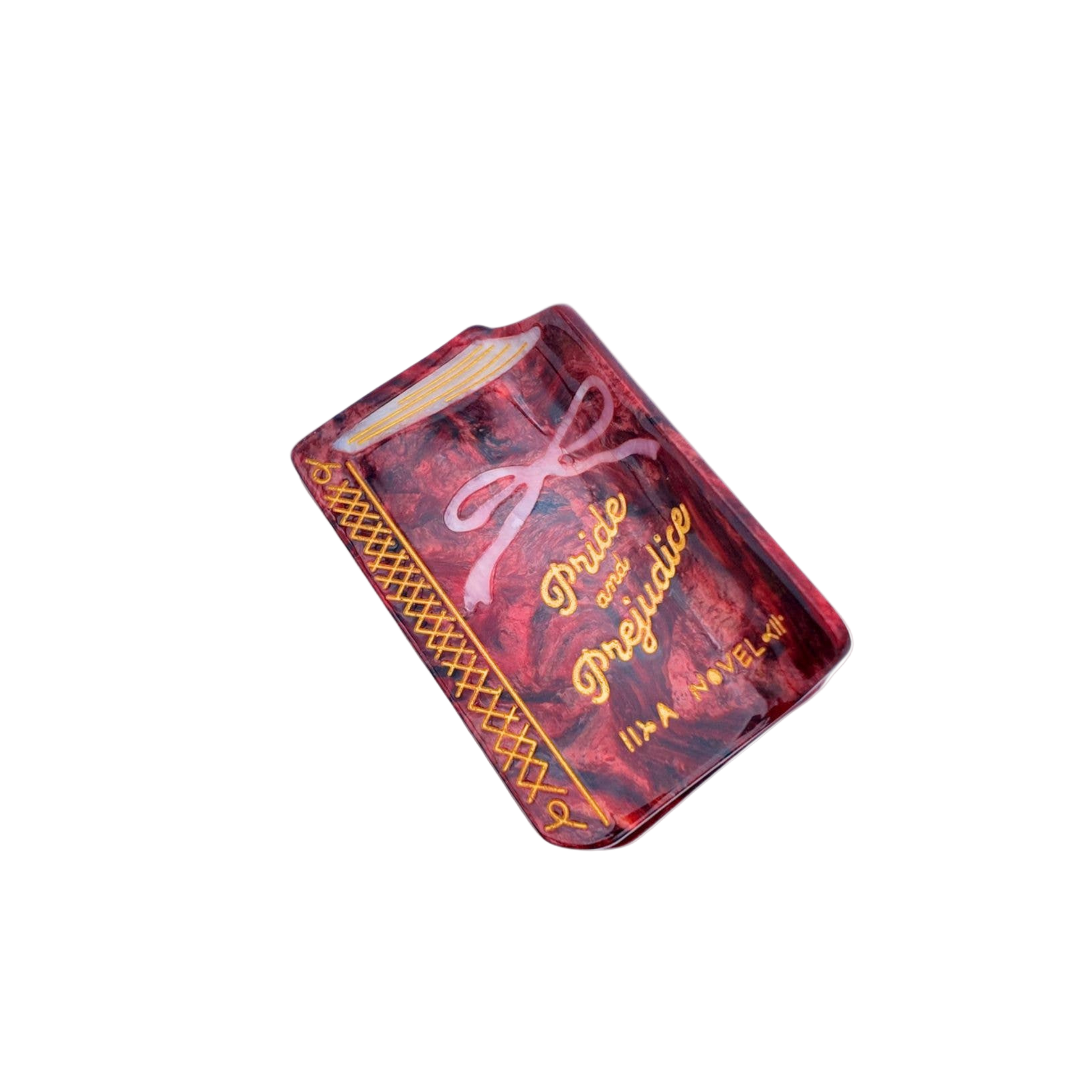 Red book-shaped container with 'Pride and Prejudice' text on a white background