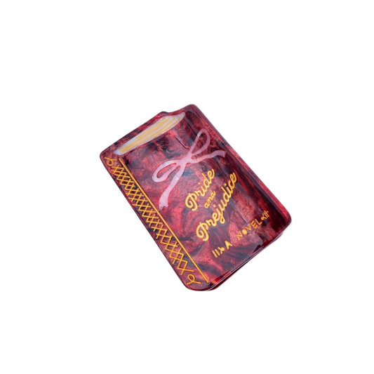 Red book-shaped container with 'Pride and Prejudice' text on a white background