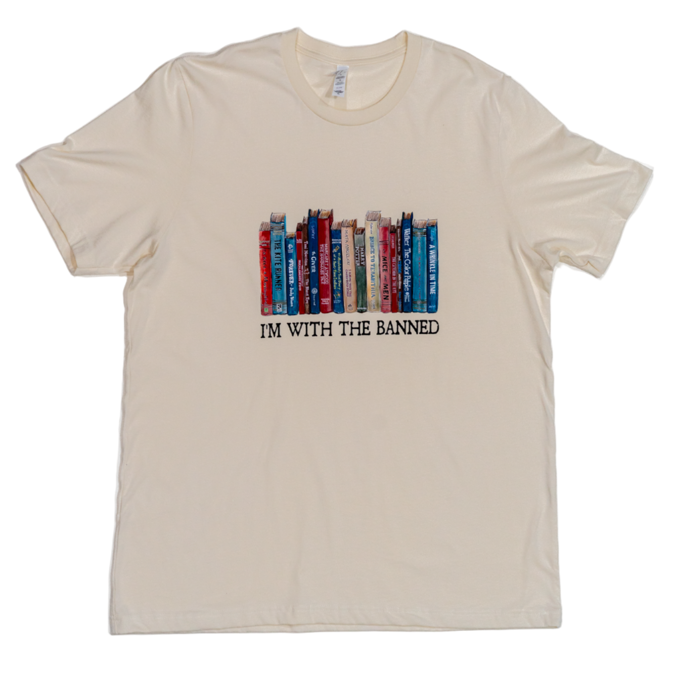 Beige t-shirt with book graphic and text 'I'm with the banned' on a white background
