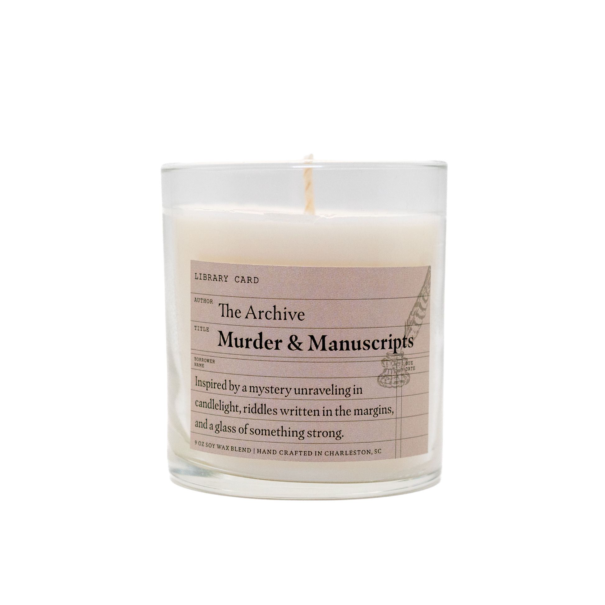 Candle with a label titled 'The Archive Murder & Manuscripts' on a white background