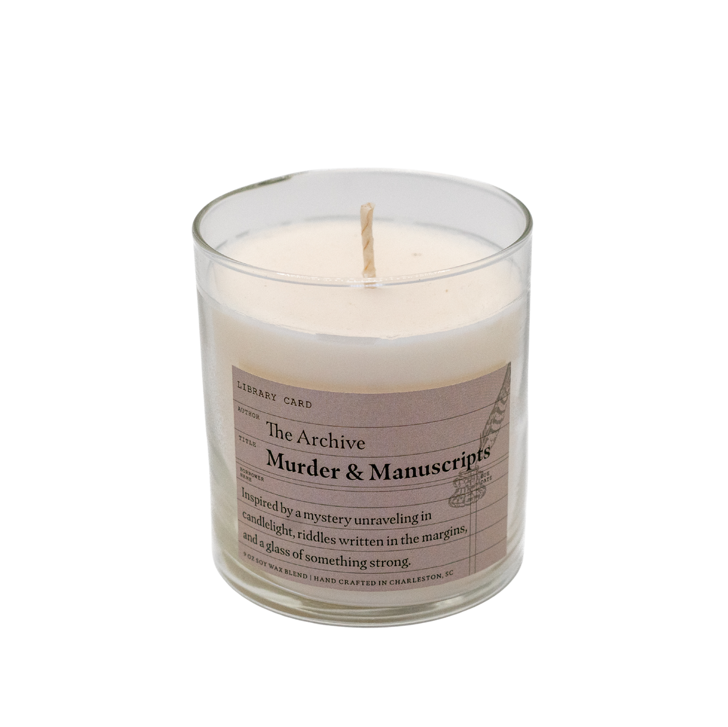 Murder & Manuscripts Candle - 9 oz in a glass jar with a label on a white background