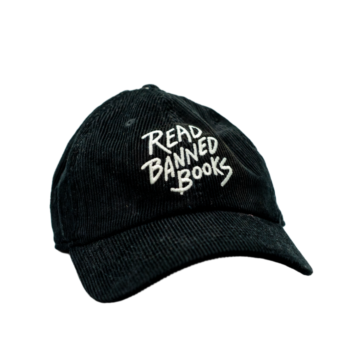 Black cap with 'Read Banned Books' text on a white background