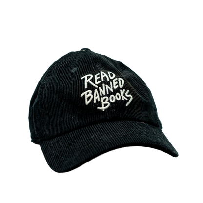 Black cap with 'Read Banned Books' text on a white background