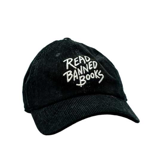 Black cap with 'Read Banned Books' text on a white background