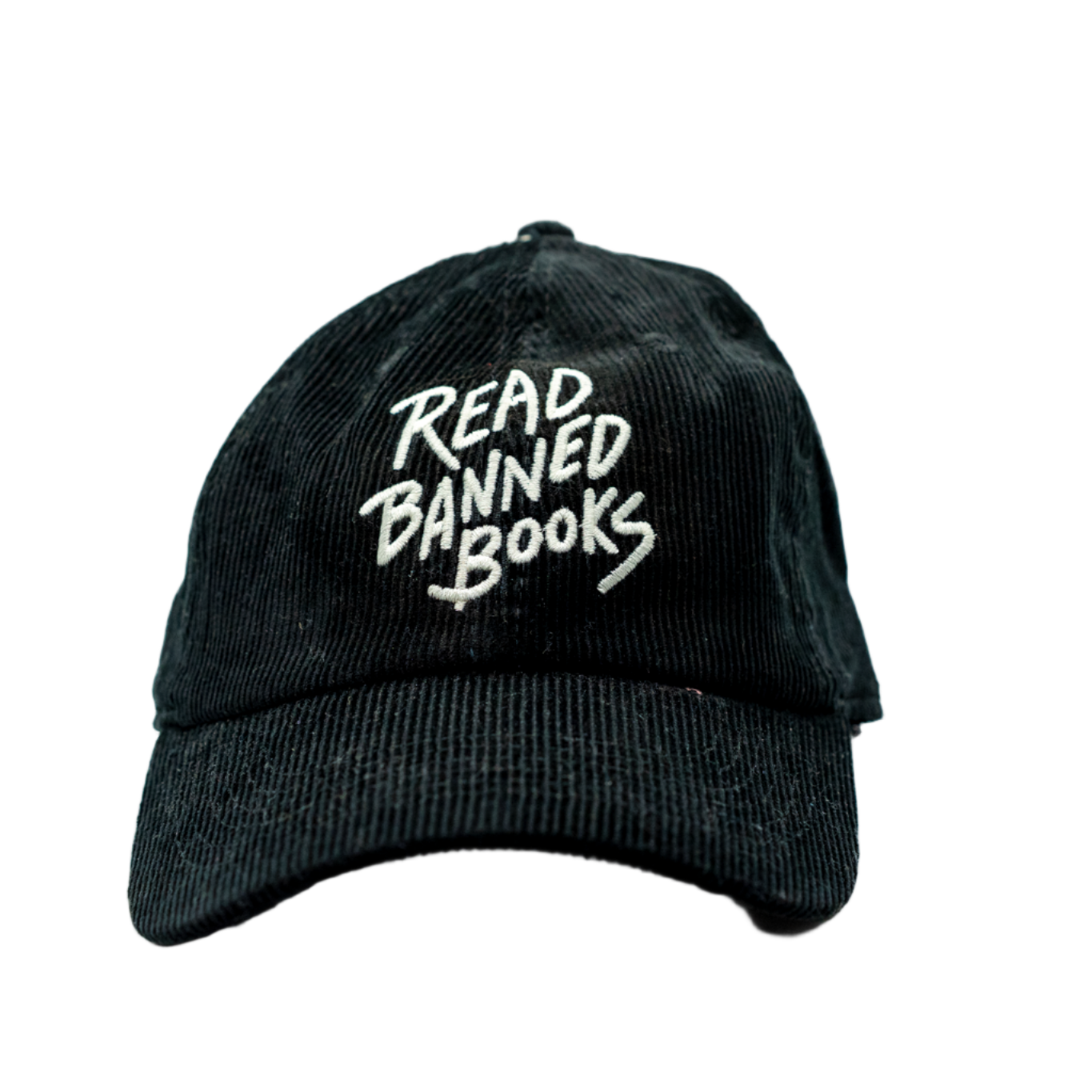 Black cap with 'Read Banned Books' text on a white background