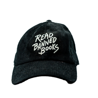 Black cap with 'Read Banned Books' text on a white background