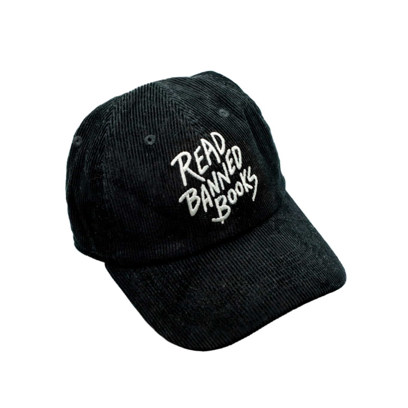 Black cap with 'Read Banned Books' text on a white background