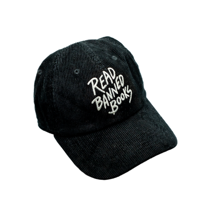 Black cap with 'Read Banned Books' text on a white background