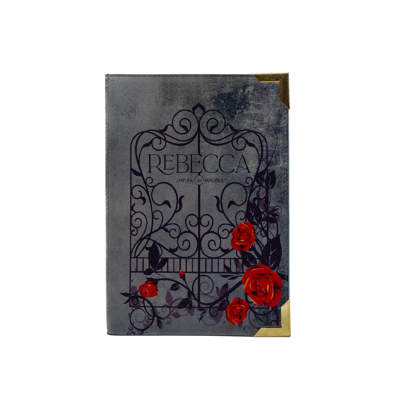 Book with decorative cover featuring the name 'Rebecca' and red roses on a white background