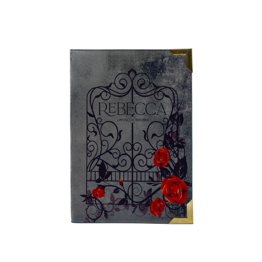 Book with decorative cover featuring the name 'Rebecca' and red roses on a white background