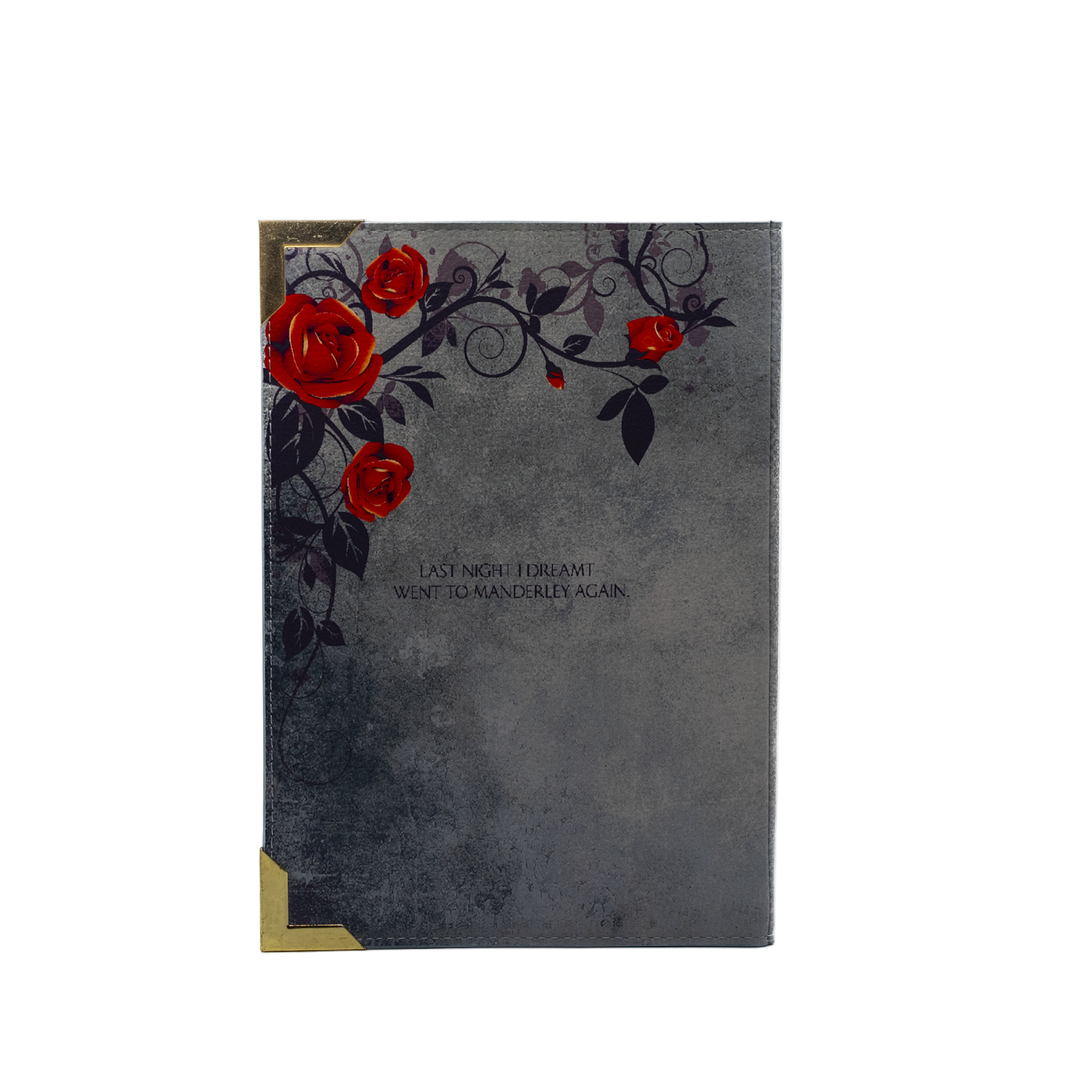 Decorative notebook with red roses and black leaves on a gray background
