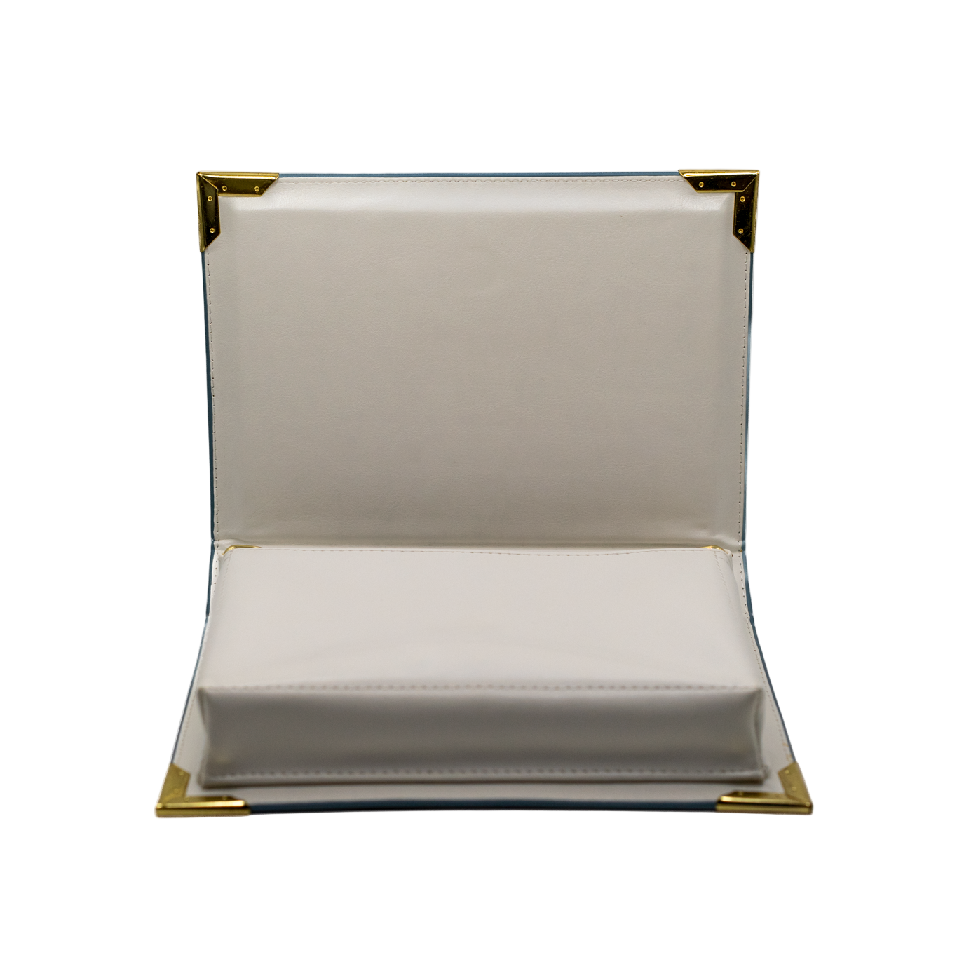 open Clutch bag with gold trim on a white background