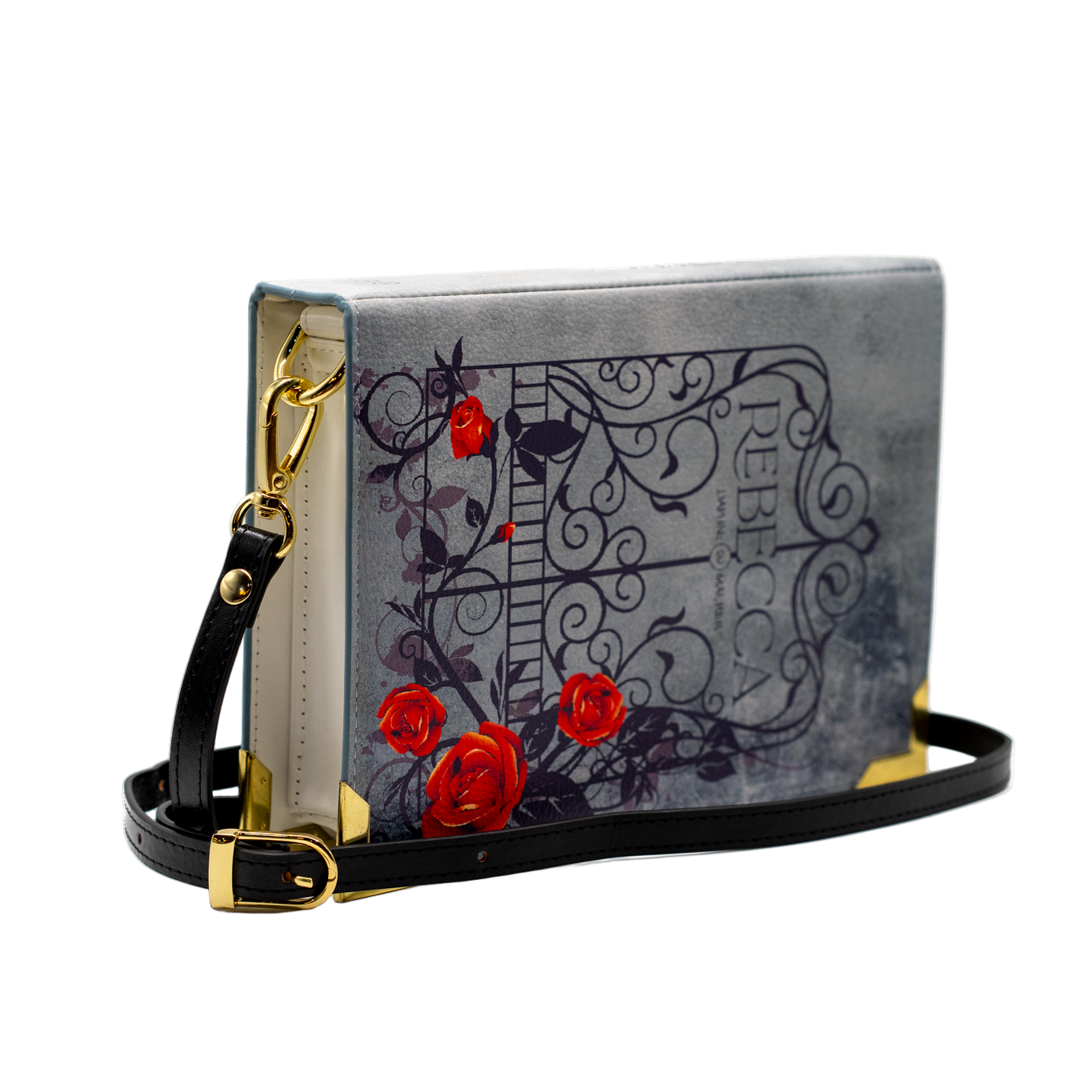 Handbag with floral design and gold accents on a white background