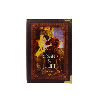 Book cover of 'Romeo & Juliet' with a romantic illustration on a white background