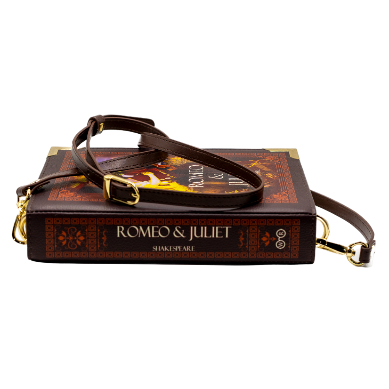 Book-shaped handbag with 'Romeo & Juliet' design on a white background