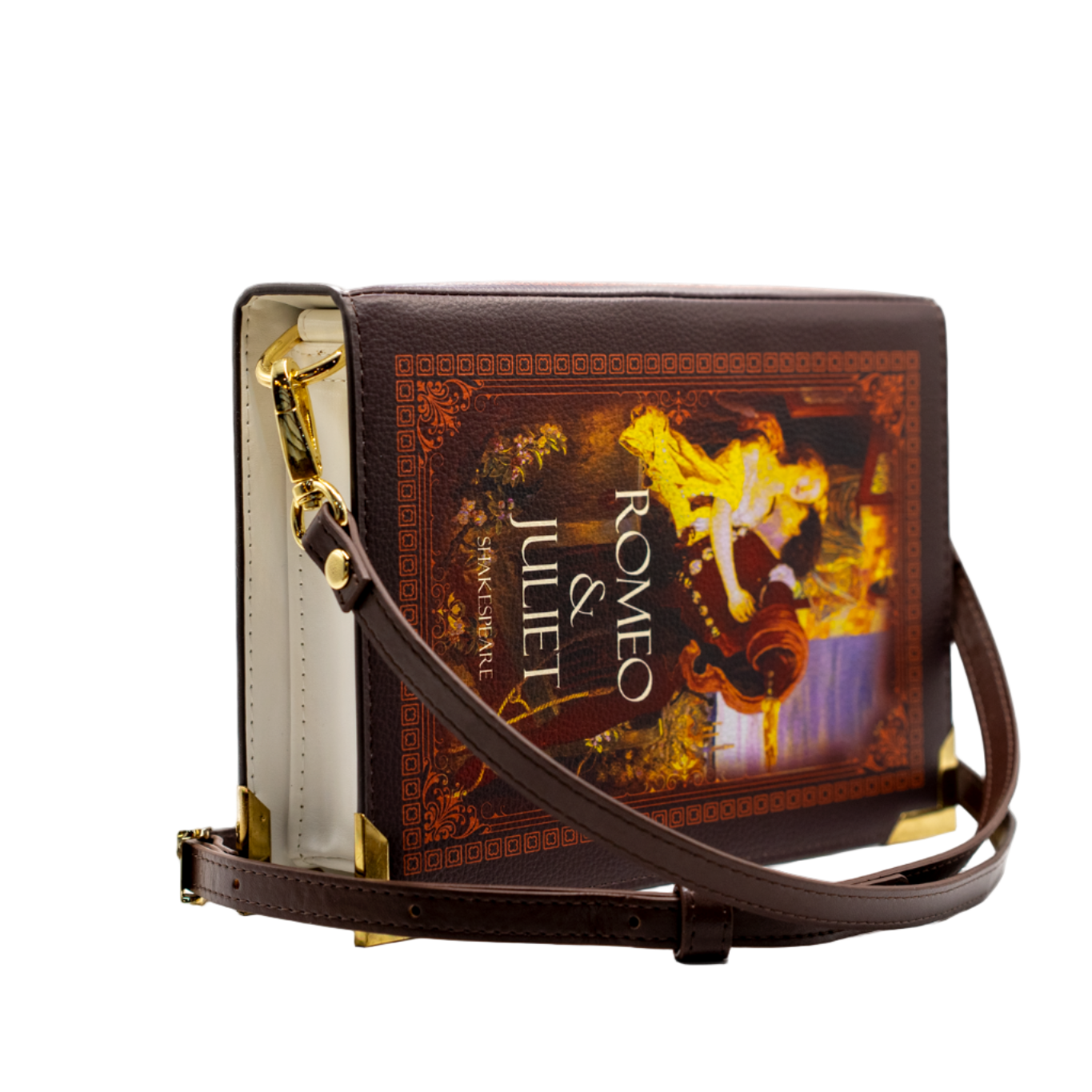 Handbag with 'Romeo & Juliet' book design on a white background