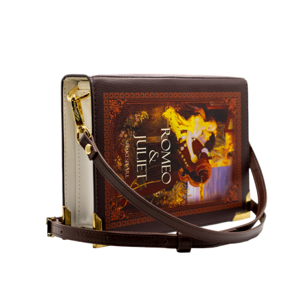 Handbag with 'Romeo & Juliet' book design on a white background