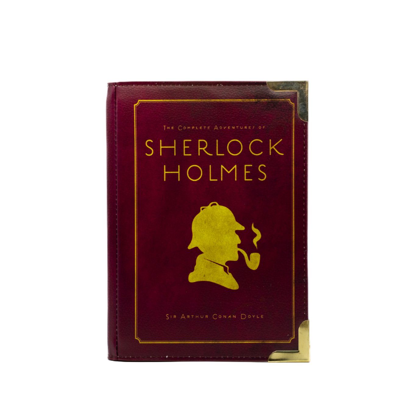 Book handbag of 'The Complete Adventures of Sherlock Holmes' with a silhouette of Sherlock Holmes smoking a pipe on a white background.