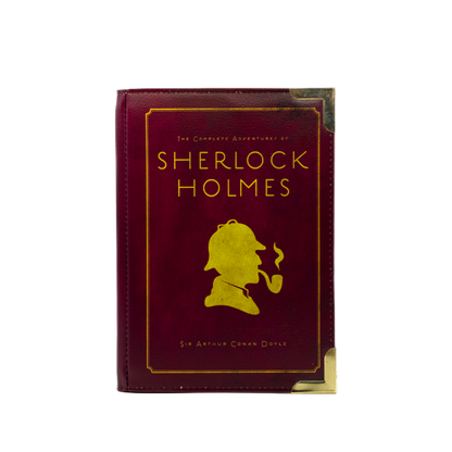 Book handbag of 'The Complete Adventures of Sherlock Holmes' with a silhouette of Sherlock Holmes smoking a pipe on a white background.