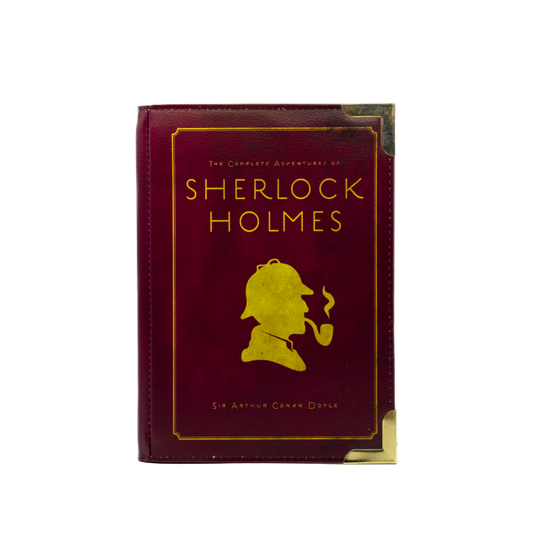 Book handbag of 'The Complete Adventures of Sherlock Holmes' with a silhouette of Sherlock Holmes smoking a pipe on a white background.