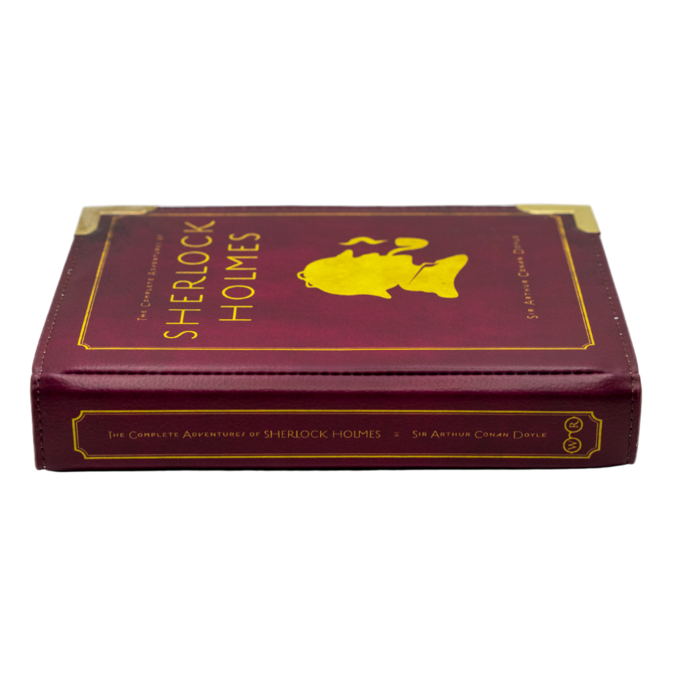 Maroon book-shaped box with 'Sherlock Holmes' text and yellow silhouette on a white background