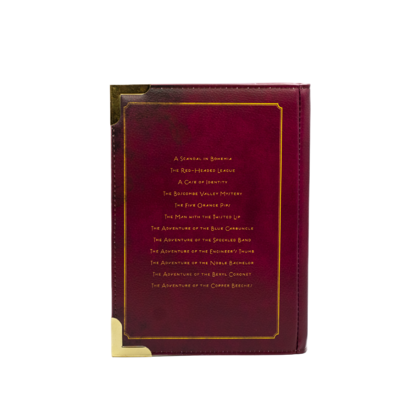 Maroon handbag with gold text on a white background