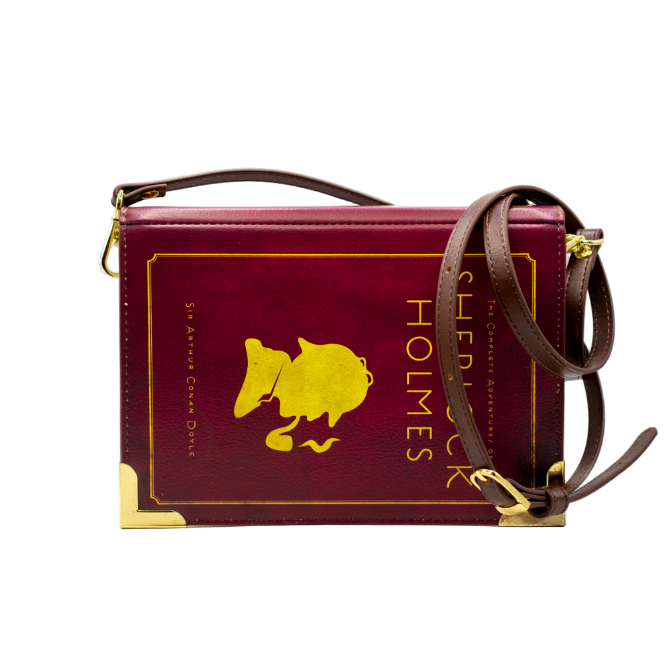 Maroon book-shaped handbag with gold accents and 'Sherlock Holmes' text on a white background